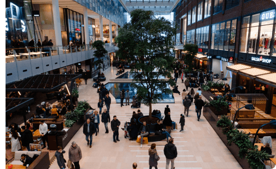 looking down on busy section of a shopping mall